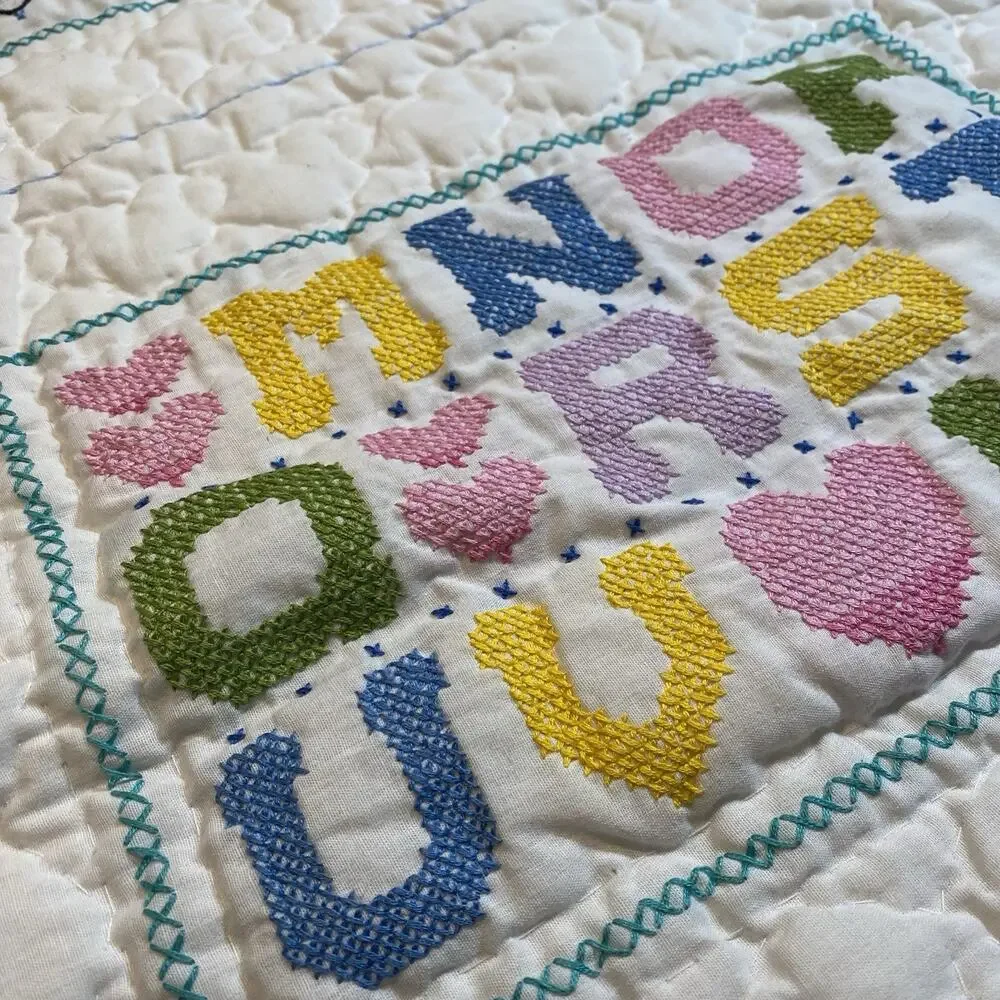 Vintage 1970s Crib Baby Coverlet Embroidery Needlepoint Novelty Quilted Blanket